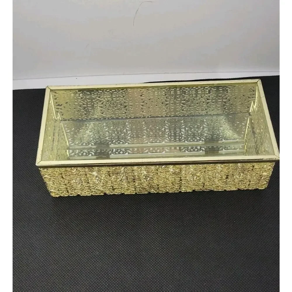 Studio Silversmiths Gold Mirrored Jewelry Box Glass Filigree Vanity Trinket Box